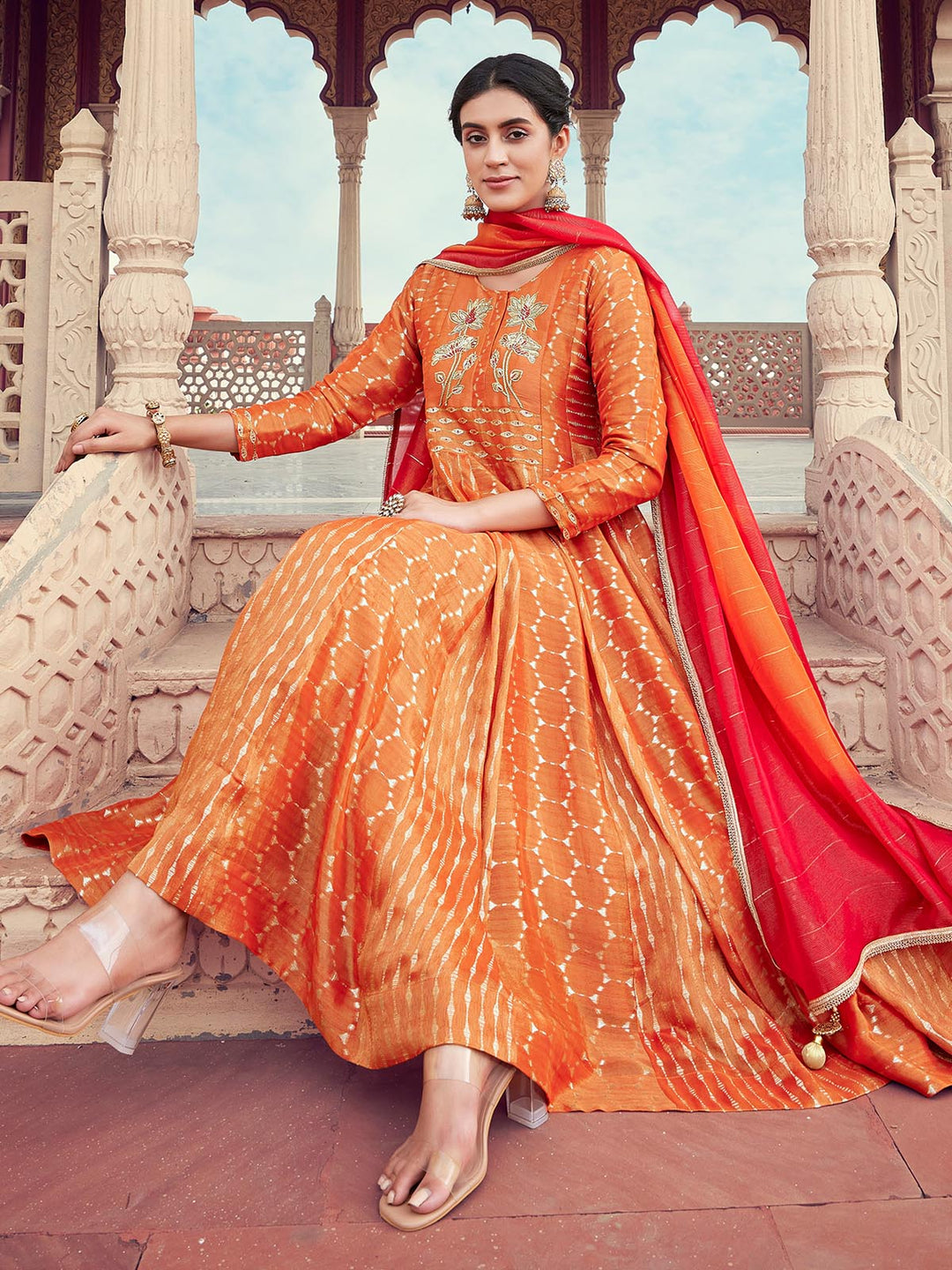 Orange Jacquard Anarkali Set