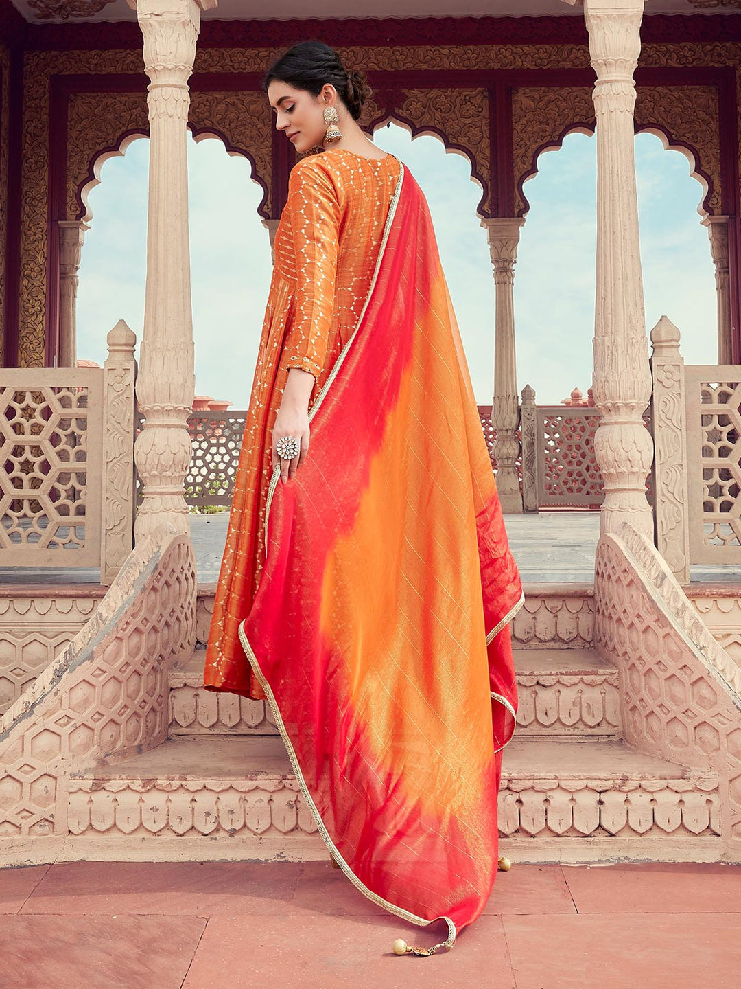 Orange Jacquard Anarkali Set