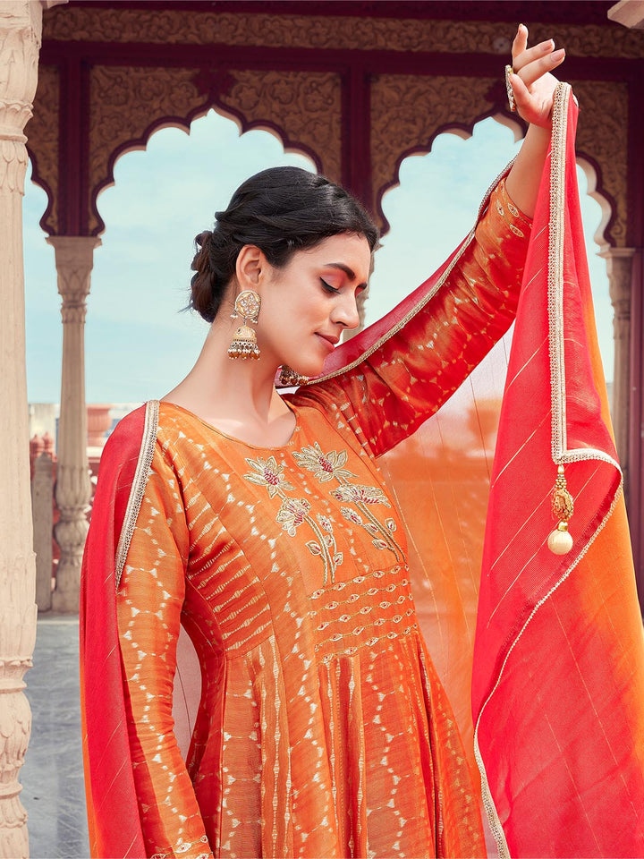 Orange Jacquard Anarkali Set