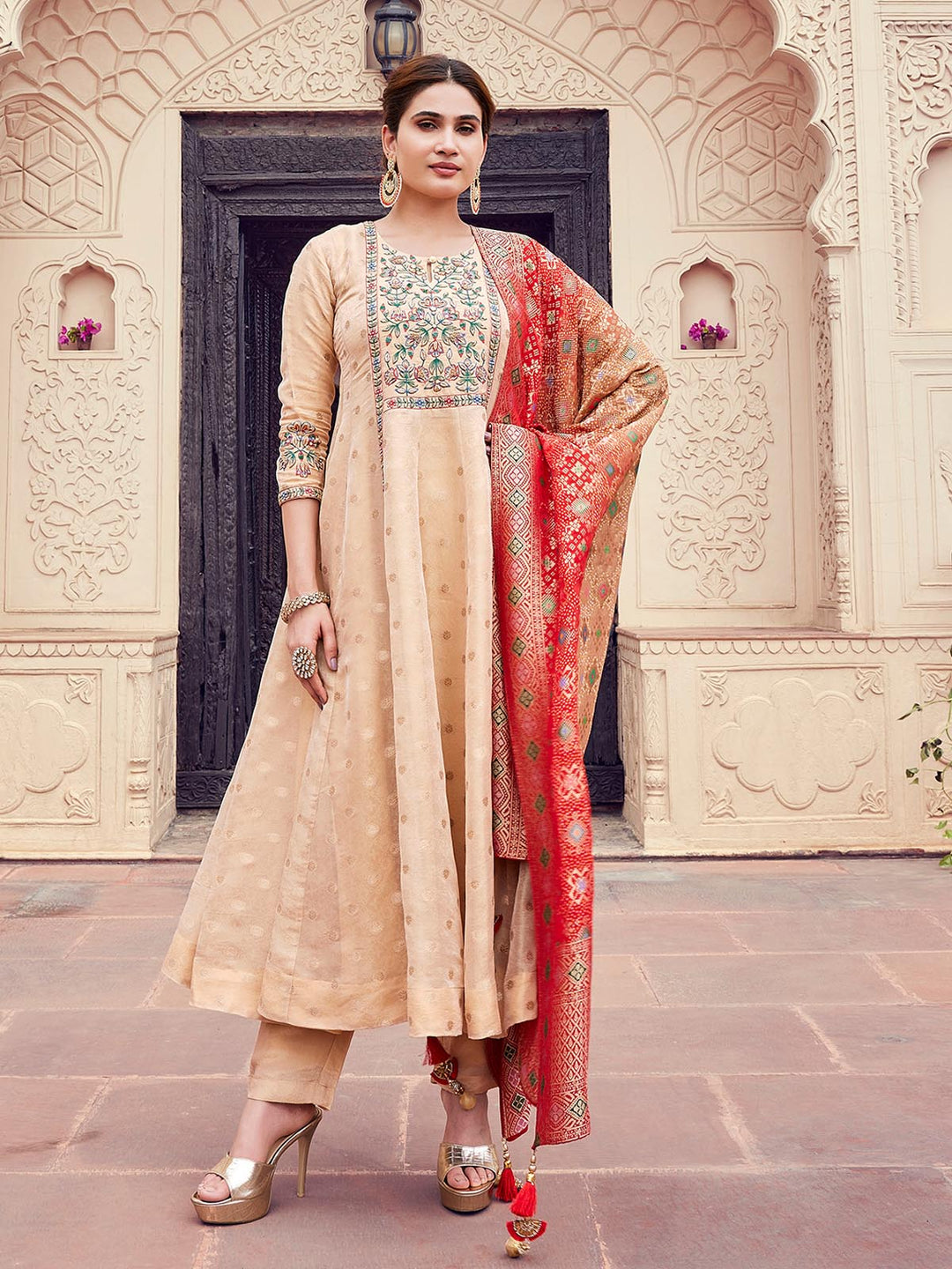 Beige Jacquard Anarkali Set