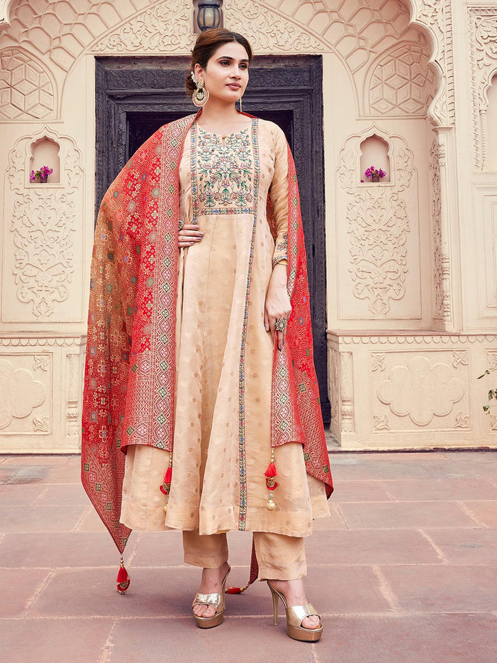 Beige Jacquard Anarkali Set