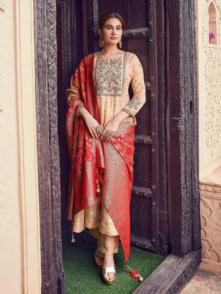 Beige Jacquard Anarkali Set