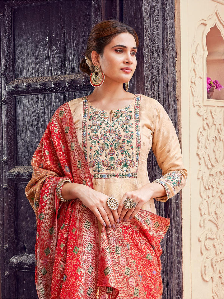 Beige Jacquard Anarkali Set