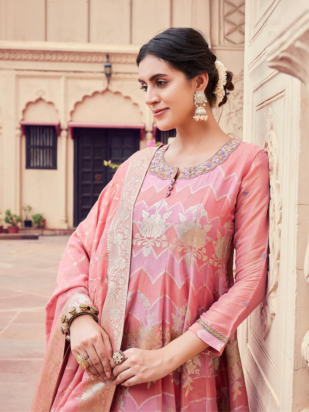 Peach Jacquard Anarkali Set