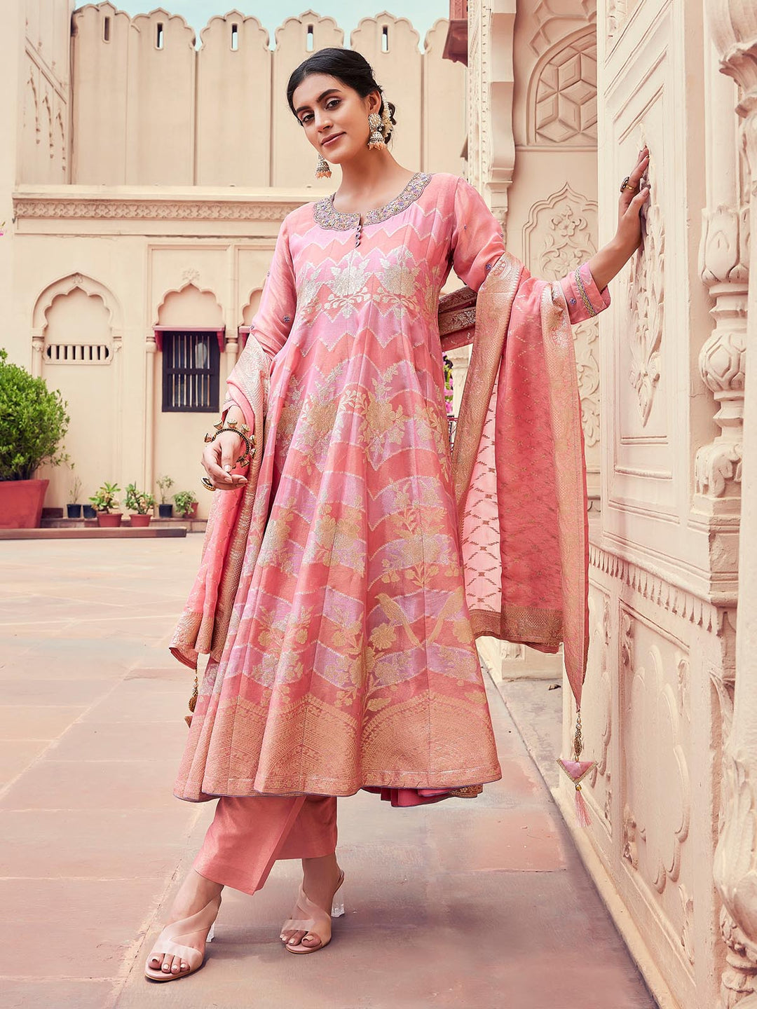 Peach Jacquard Anarkali Set