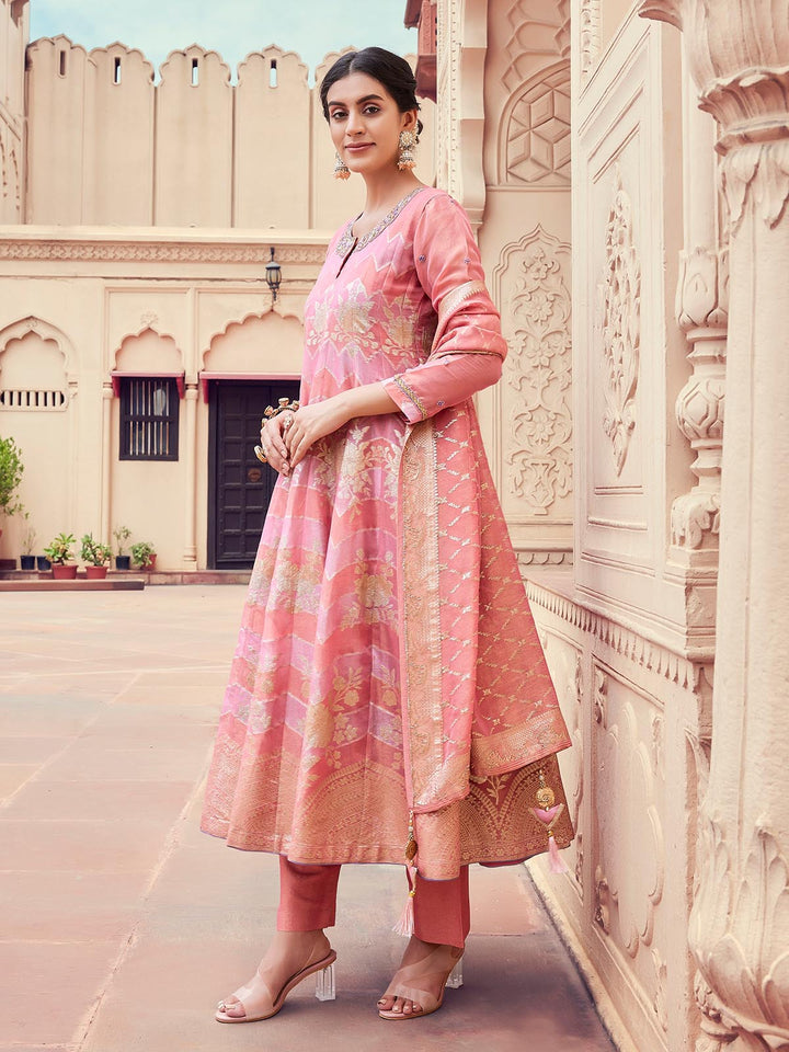 Peach Jacquard Anarkali Set