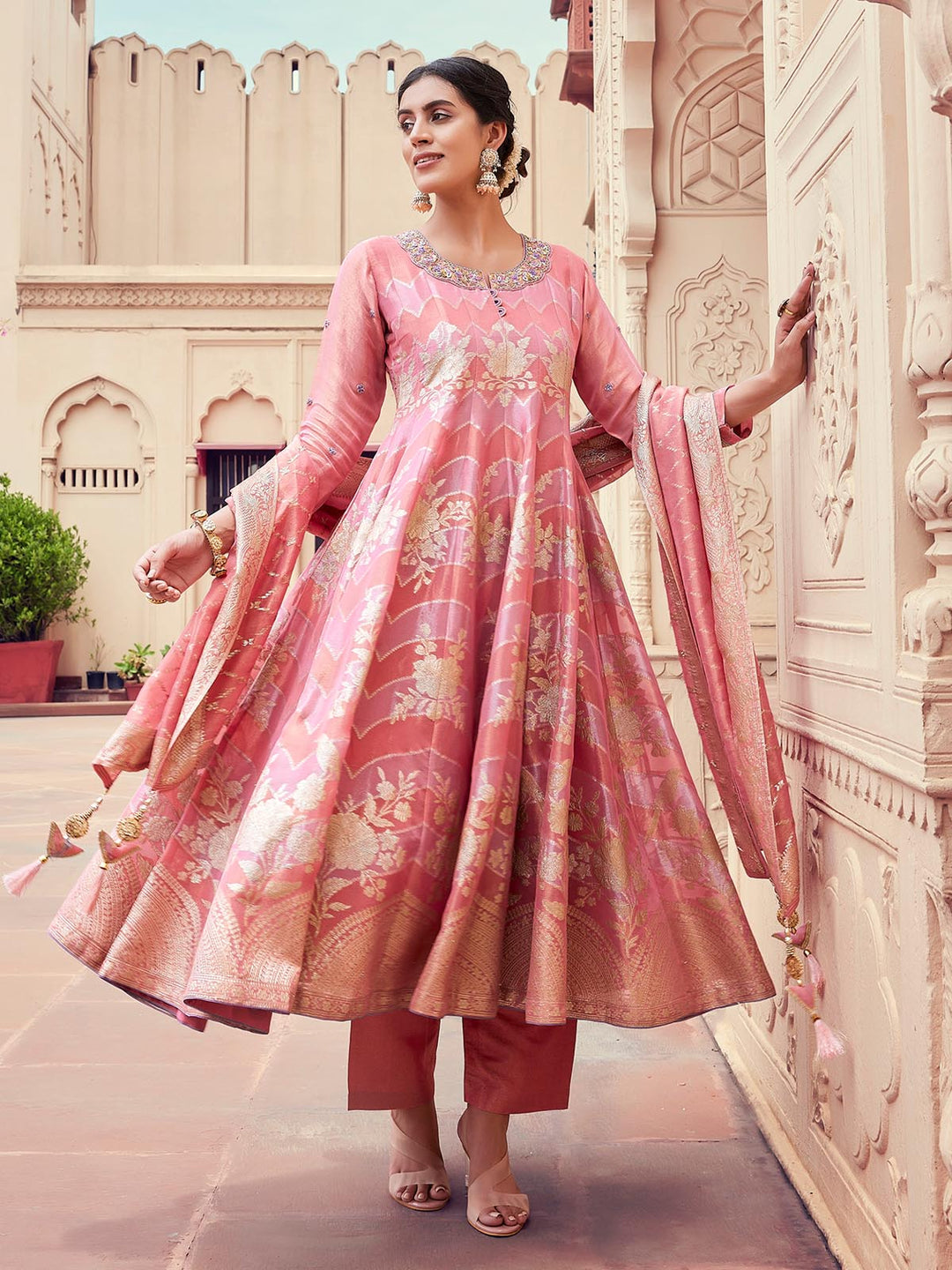 Peach Jacquard Anarkali Set