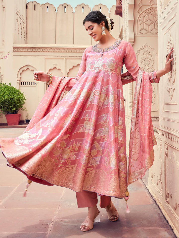 Peach Jacquard Anarkali Set