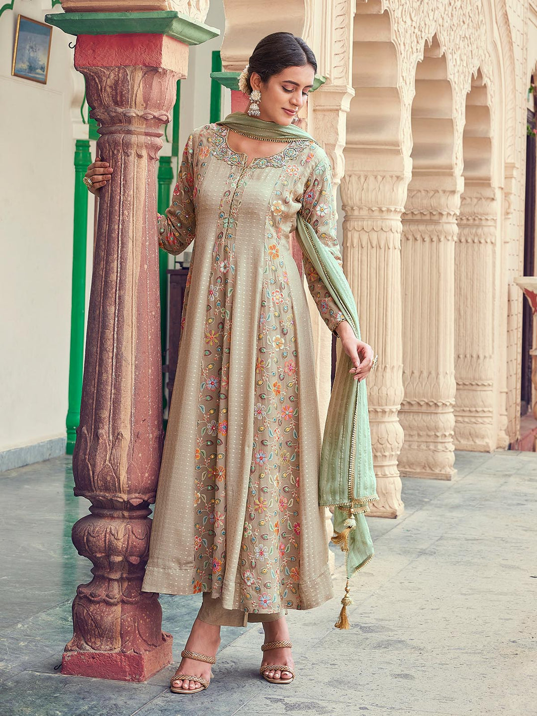 Grey Jacquard Anarkali Set