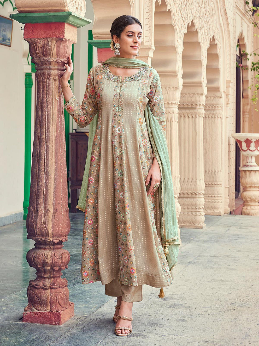 Grey Jacquard Anarkali Set