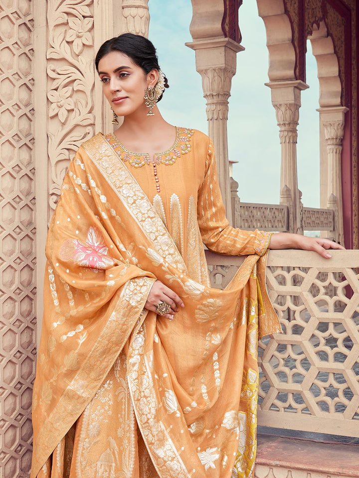 Peach Organza Jacquard Anarkali Set