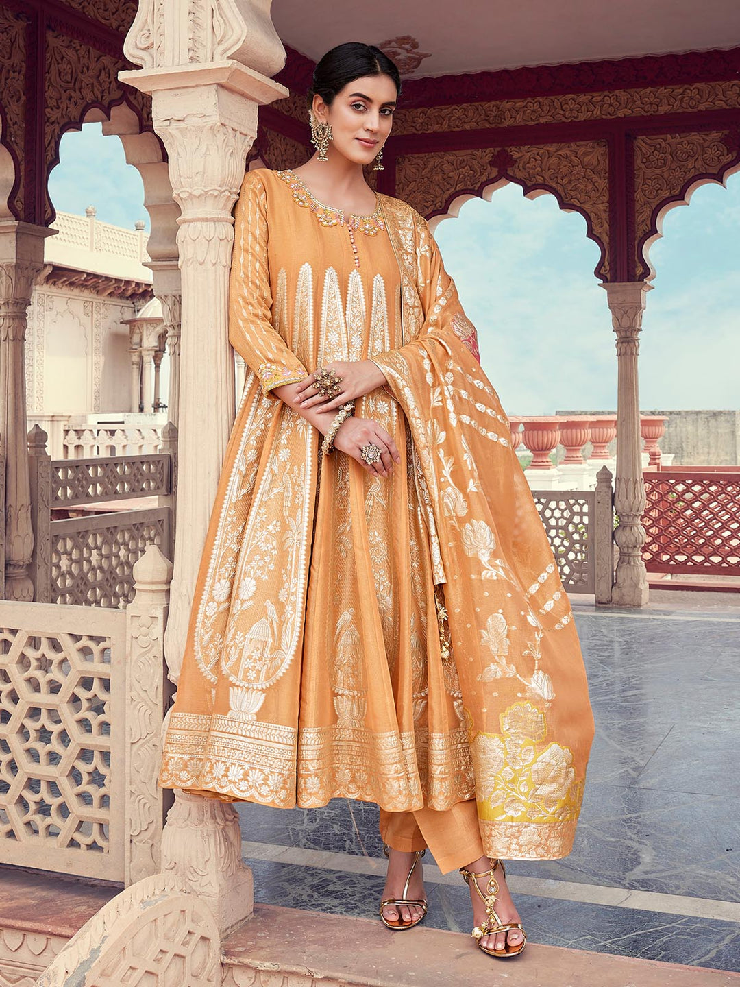 Peach Organza Jacquard Anarkali Set