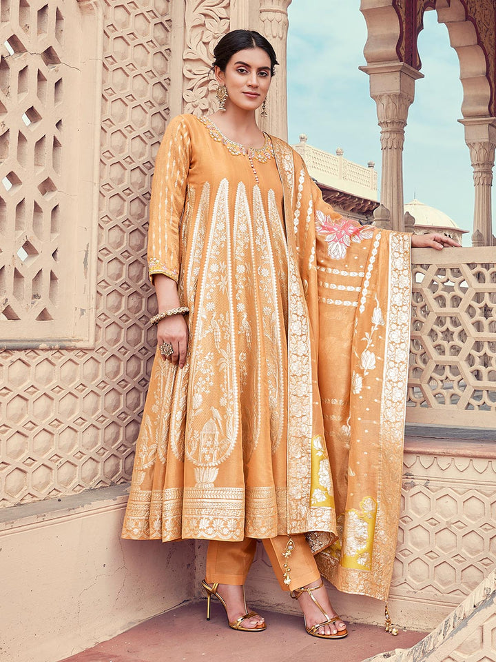 Peach Organza Jacquard Anarkali Set