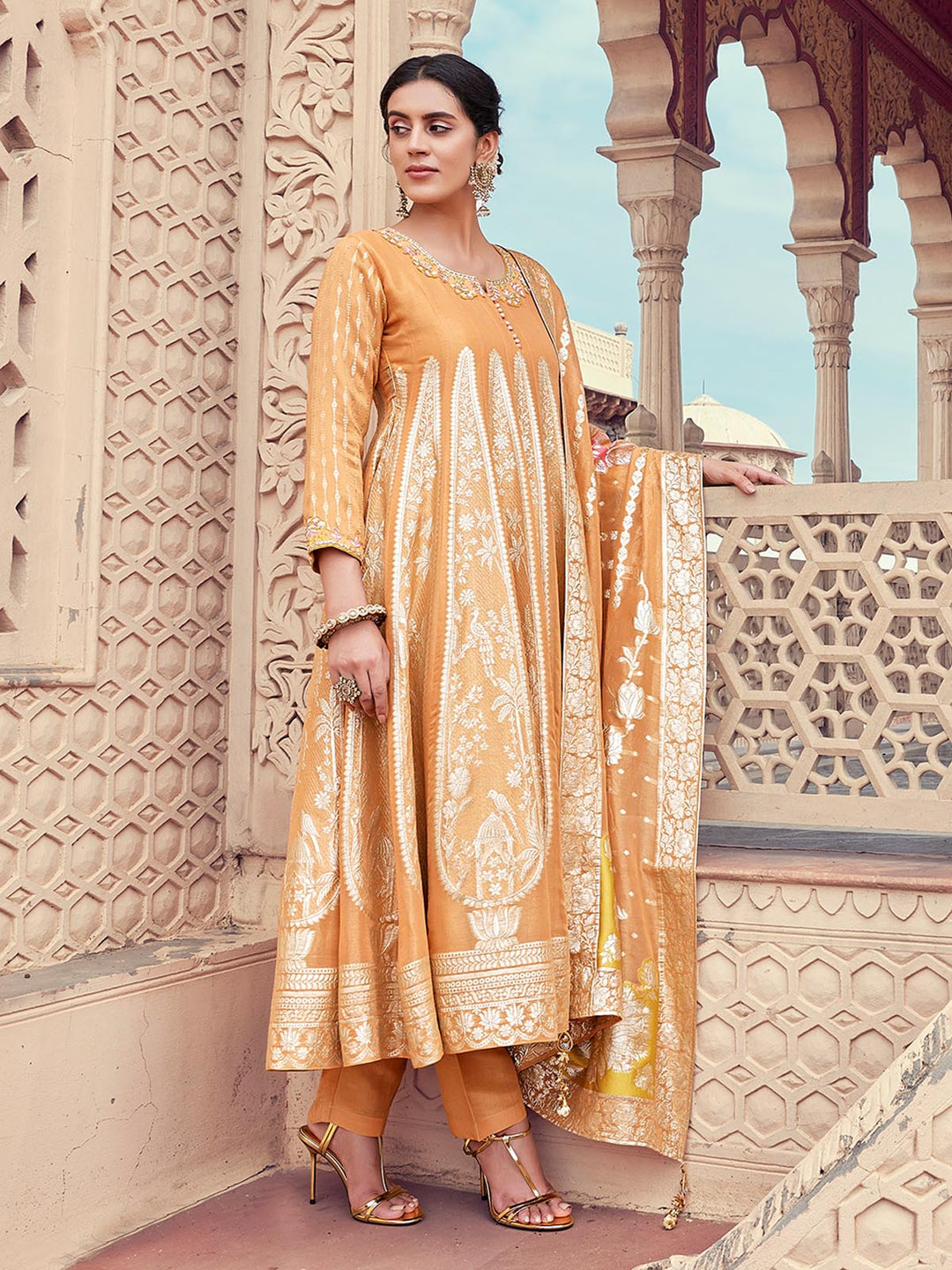 Peach Organza Jacquard Anarkali Set