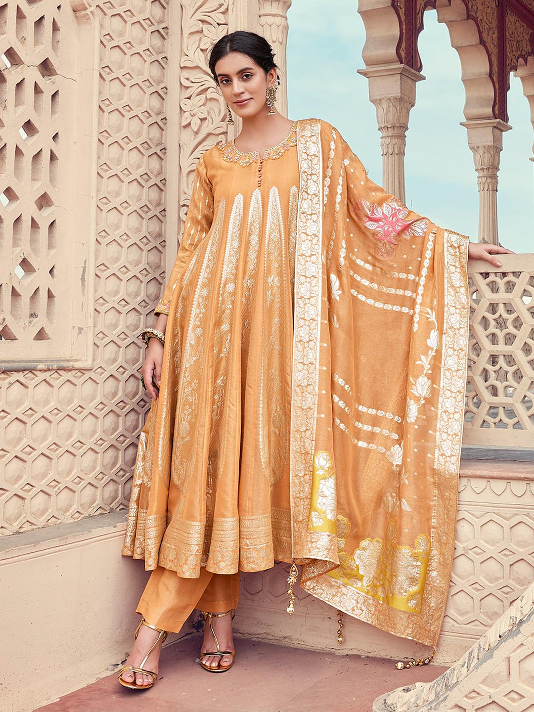 Peach Organza Jacquard Anarkali Set