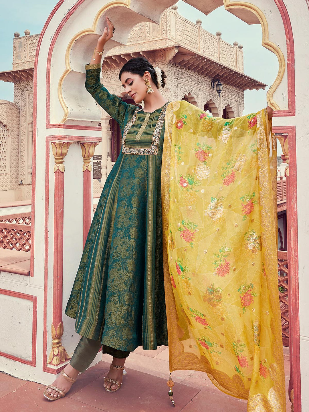 Green Jacquard Anarkali Set