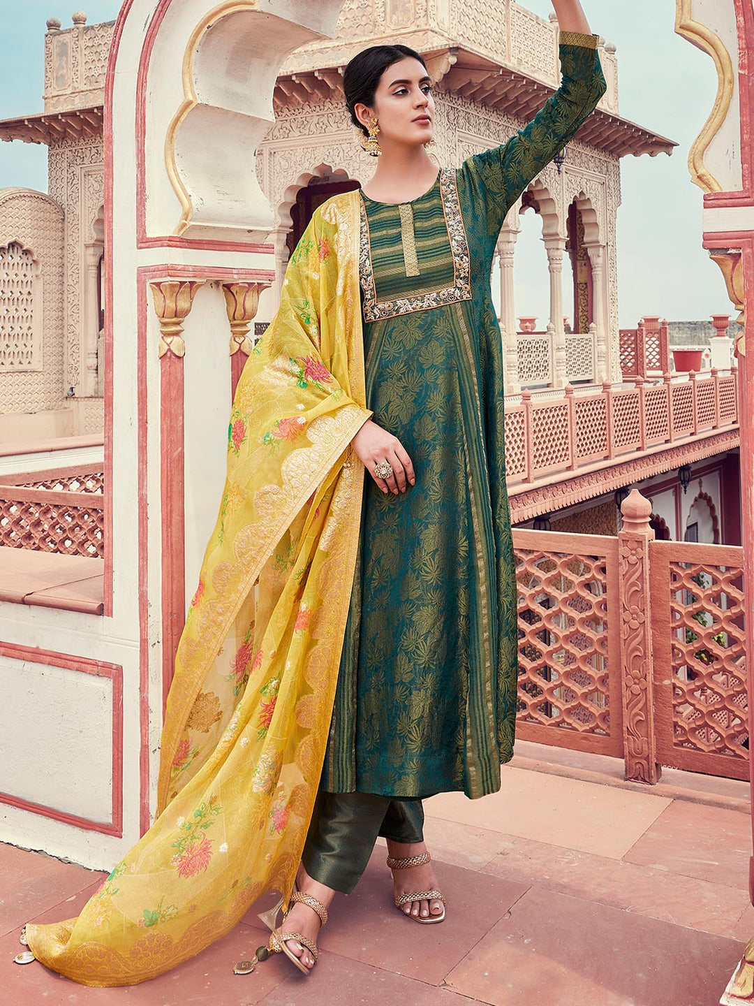 Green Jacquard Anarkali Set