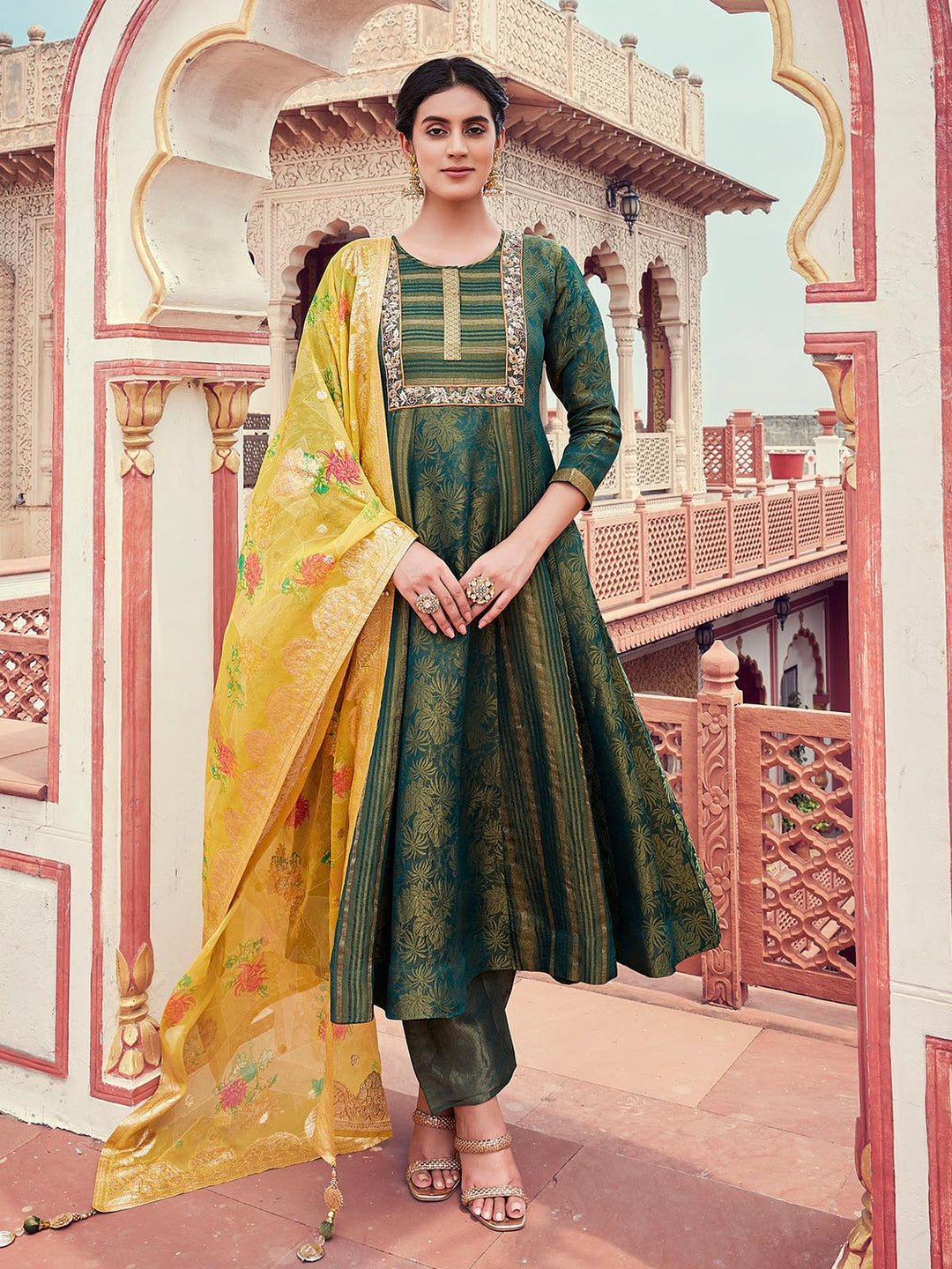 Green Jacquard Anarkali Set