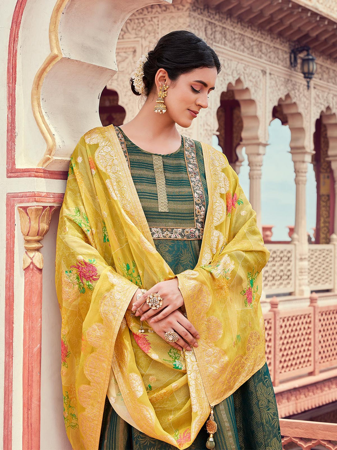 Green Jacquard Anarkali Set