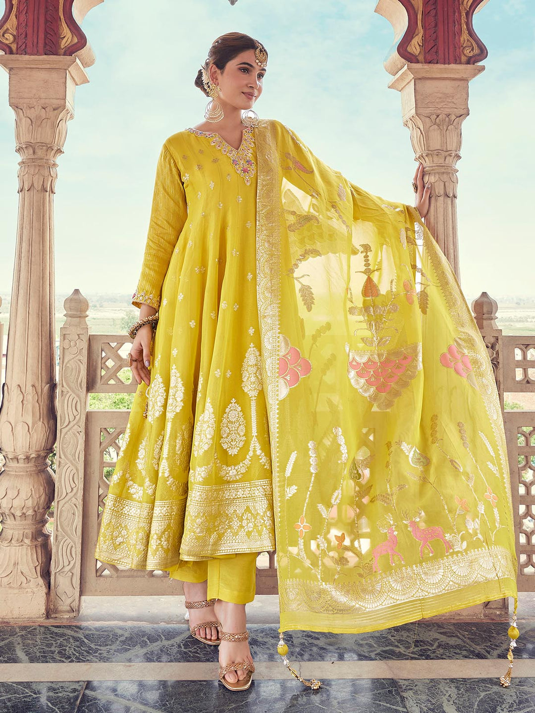 Yellow Organza Jacquard Anarkali Set