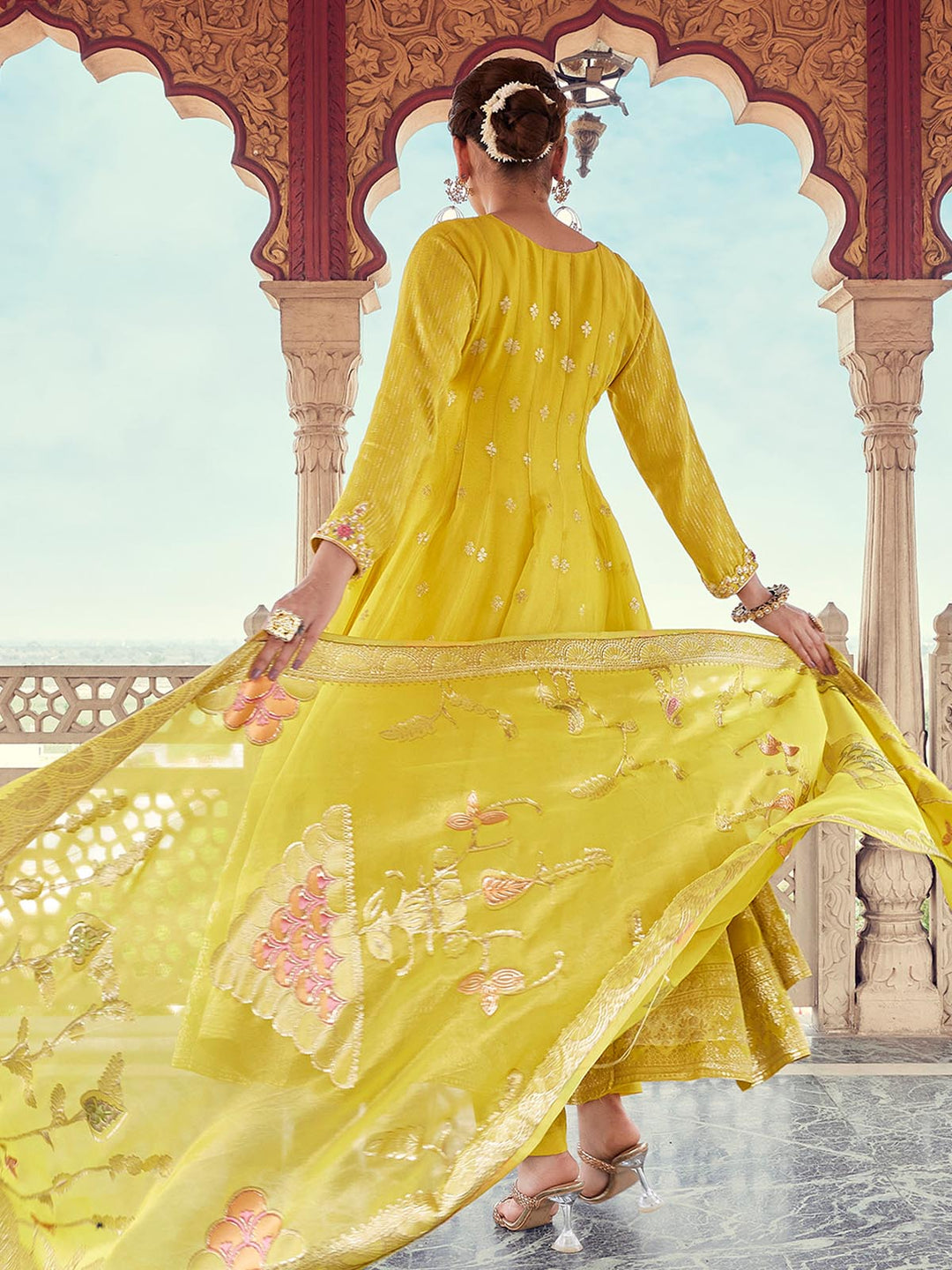 Yellow Organza Jacquard Anarkali Set