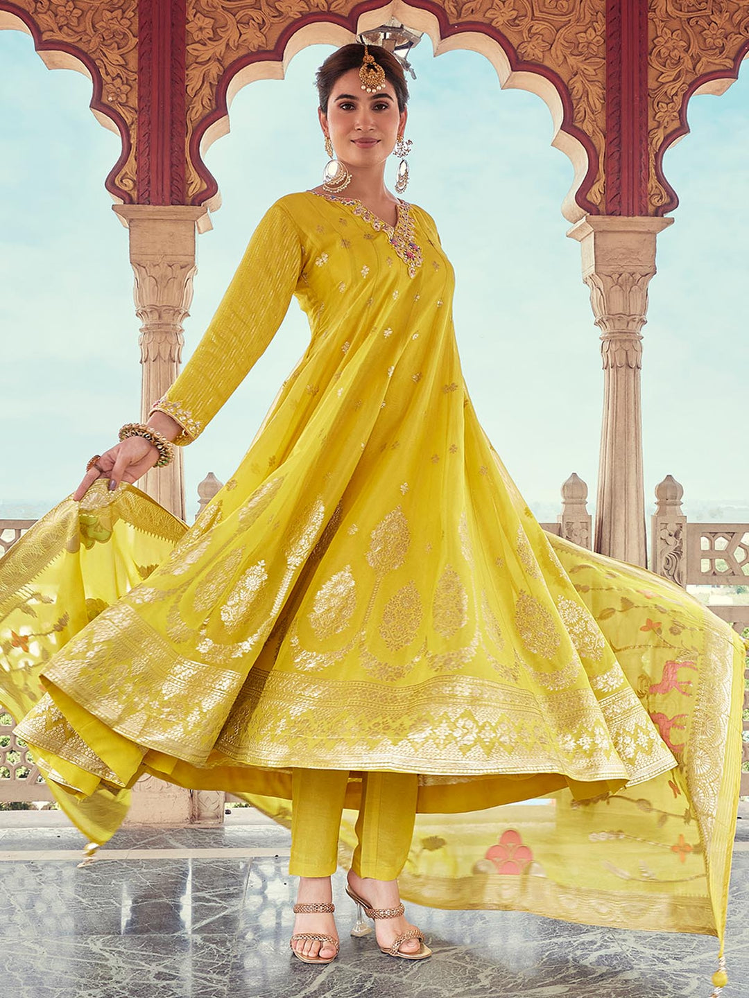 Yellow Organza Jacquard Anarkali Set