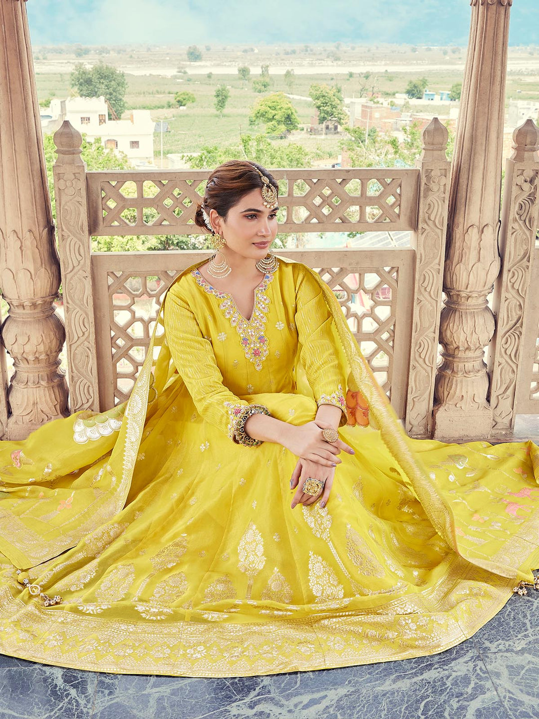 Yellow Organza Jacquard Anarkali Set