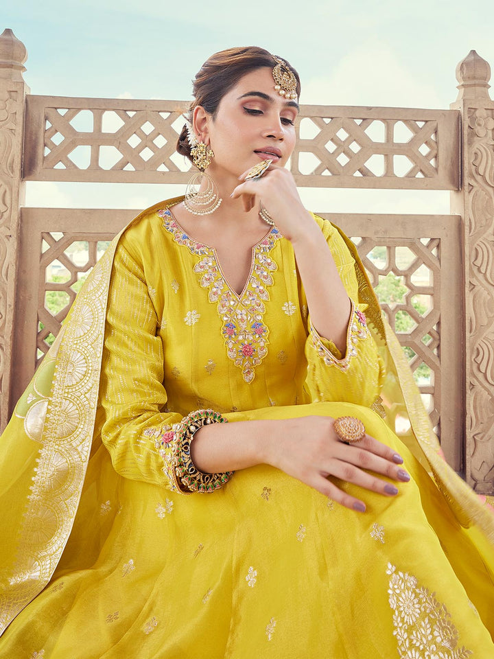 Yellow Organza Jacquard Anarkali Set