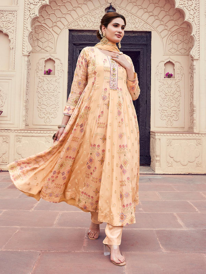 Beige Jacquard Anarkali Set