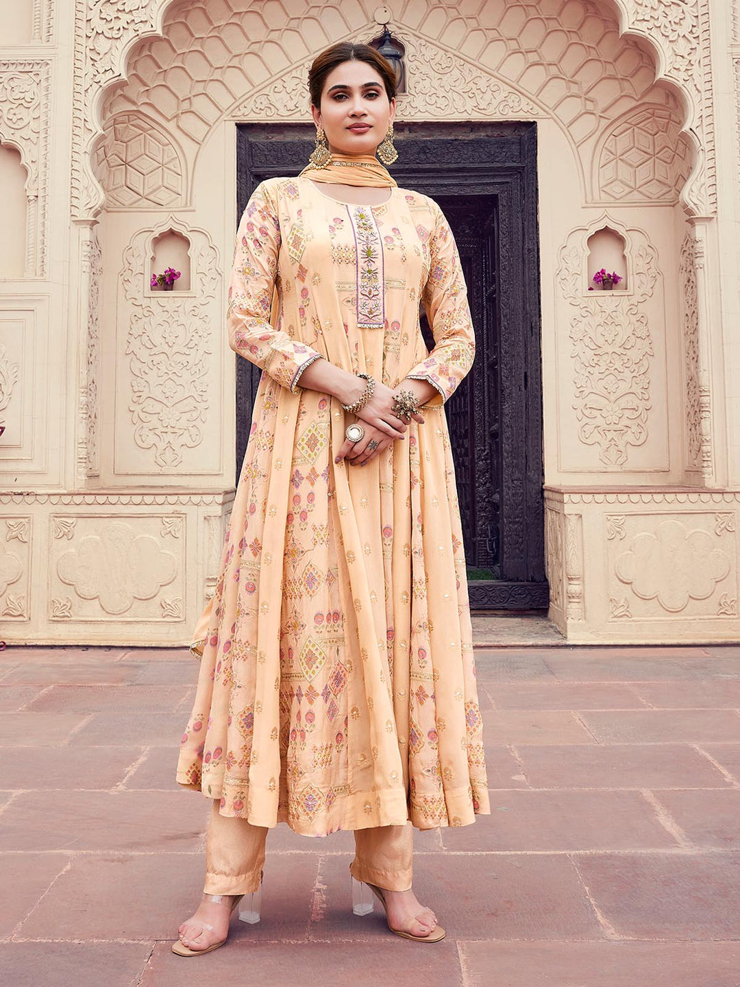 Beige Jacquard Anarkali Set