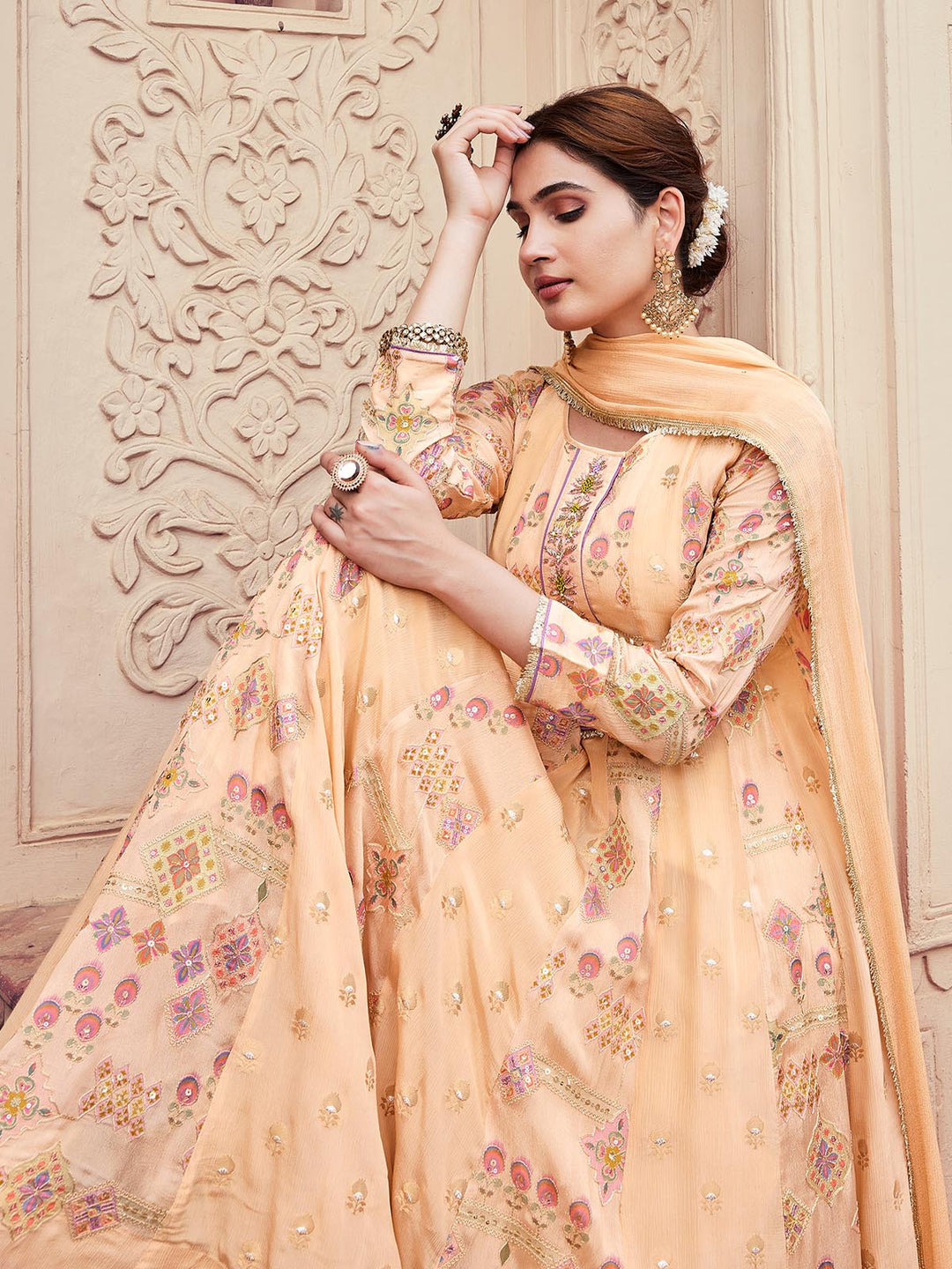 Beige Jacquard Anarkali Set