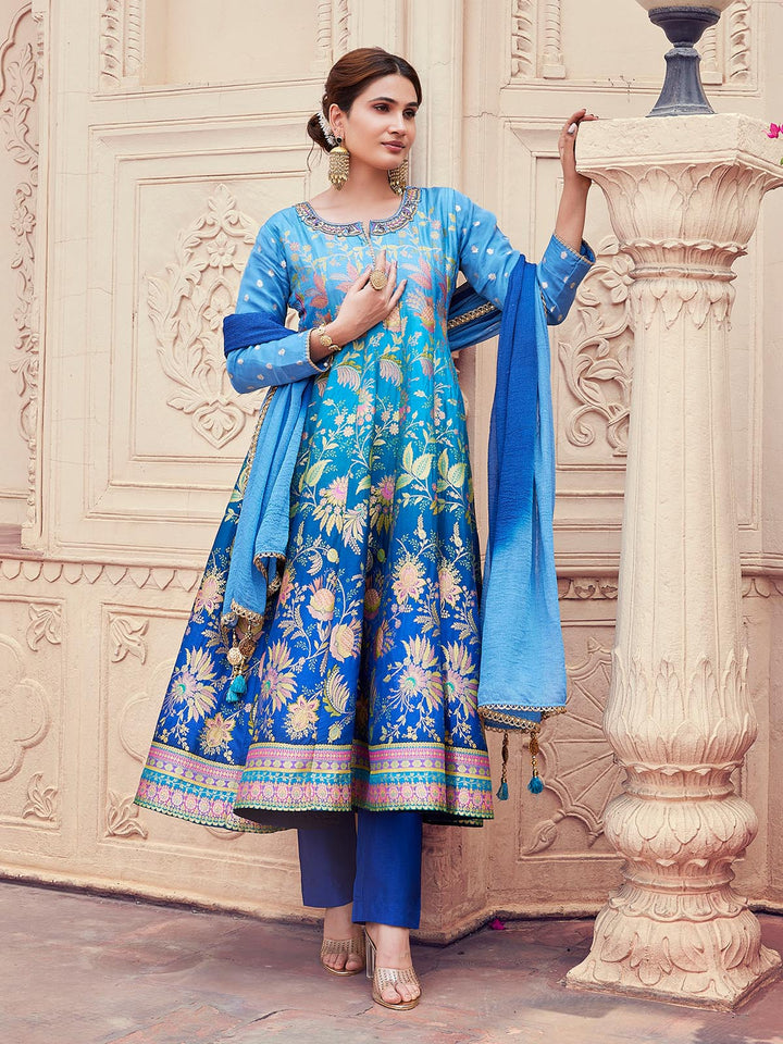 Blue Ombre Jacquard Anarkali Set