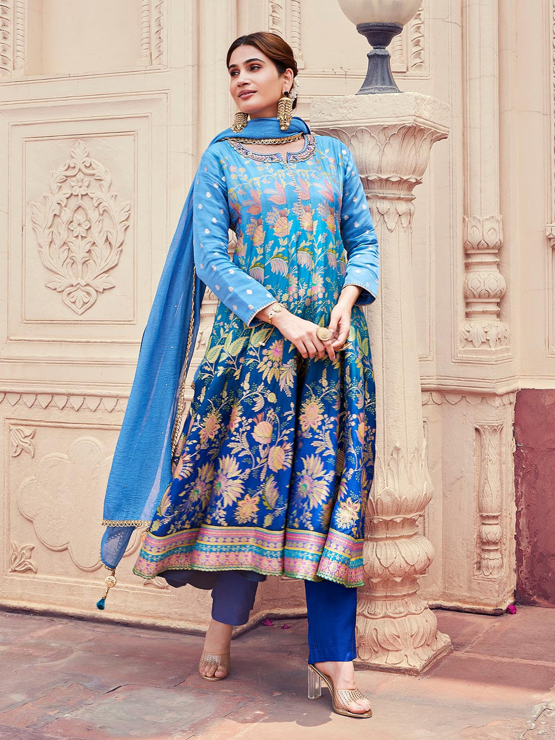 Blue Ombre Jacquard Anarkali Set