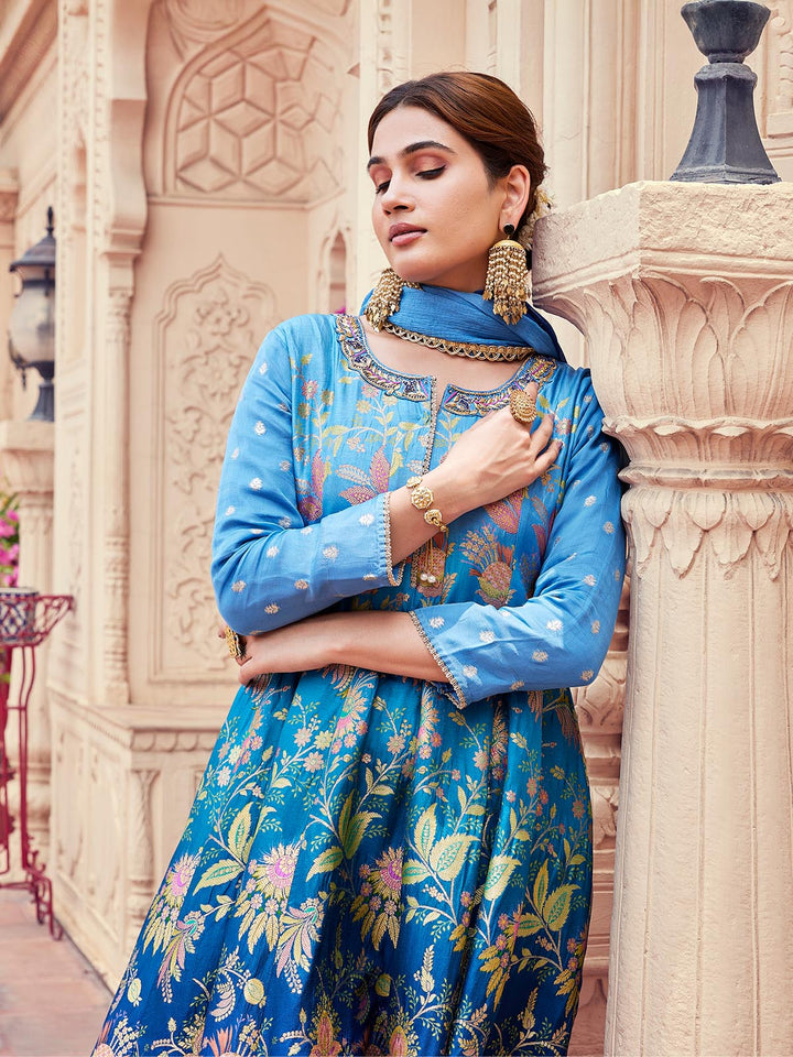 Blue Ombre Jacquard Anarkali Set