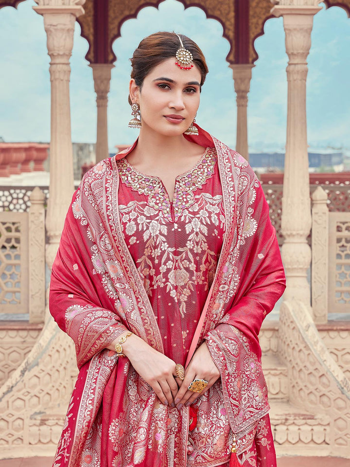 Red Organza Jacquard Anarkali Set