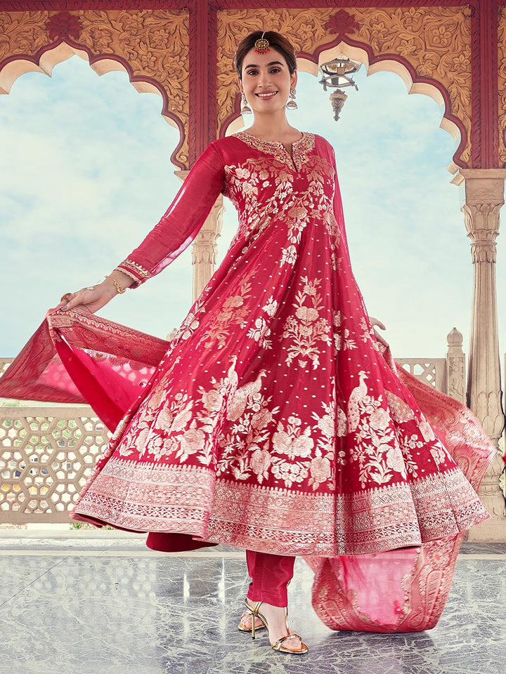 Red Organza Jacquard Anarkali Set