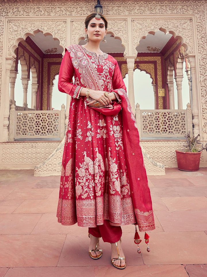 Red Organza Jacquard Anarkali Set