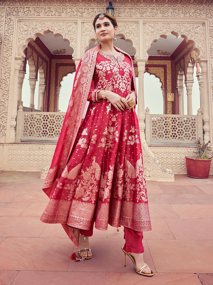 Red Organza Jacquard Anarkali Set