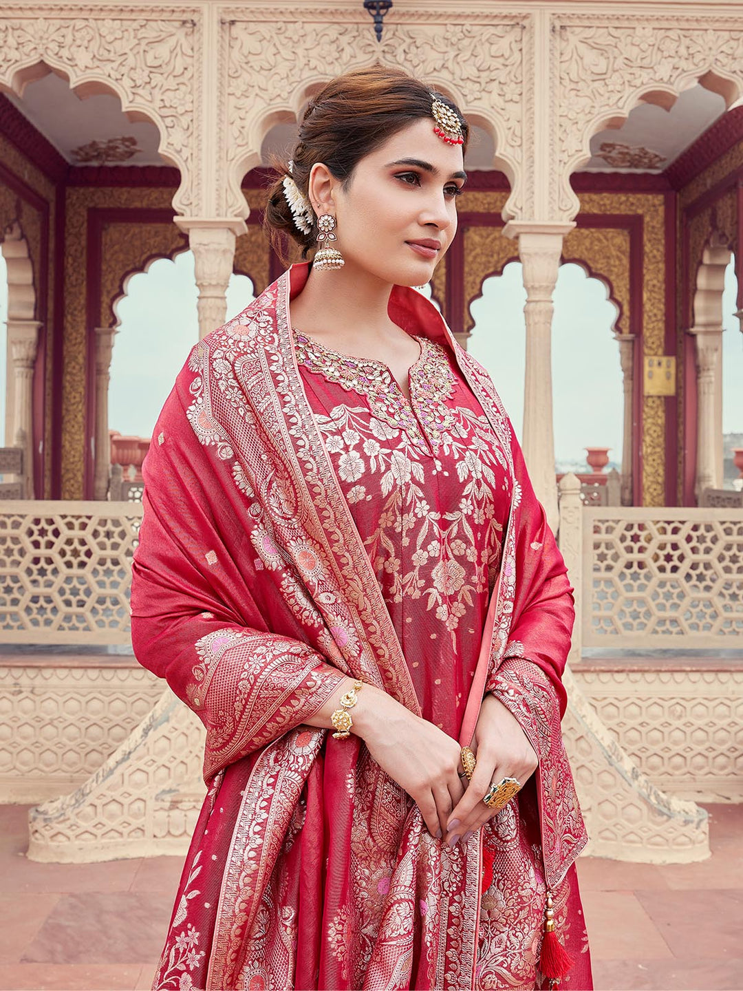 Red Organza Jacquard Anarkali Set