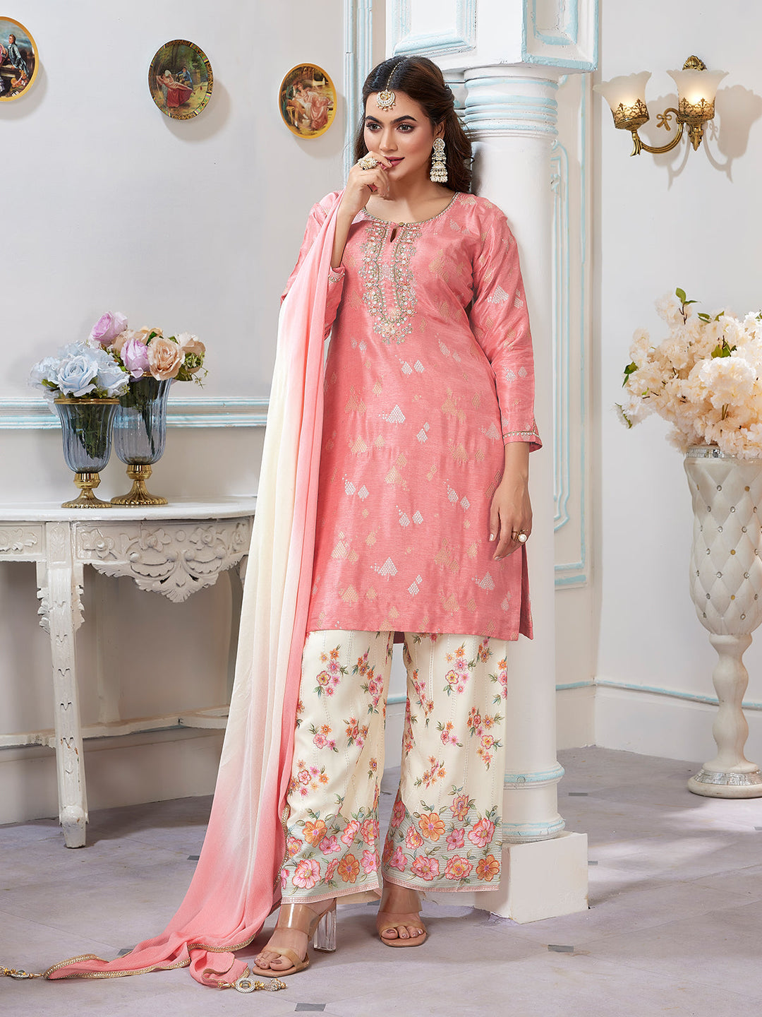 Light Pink Jacquard Palazzo Set