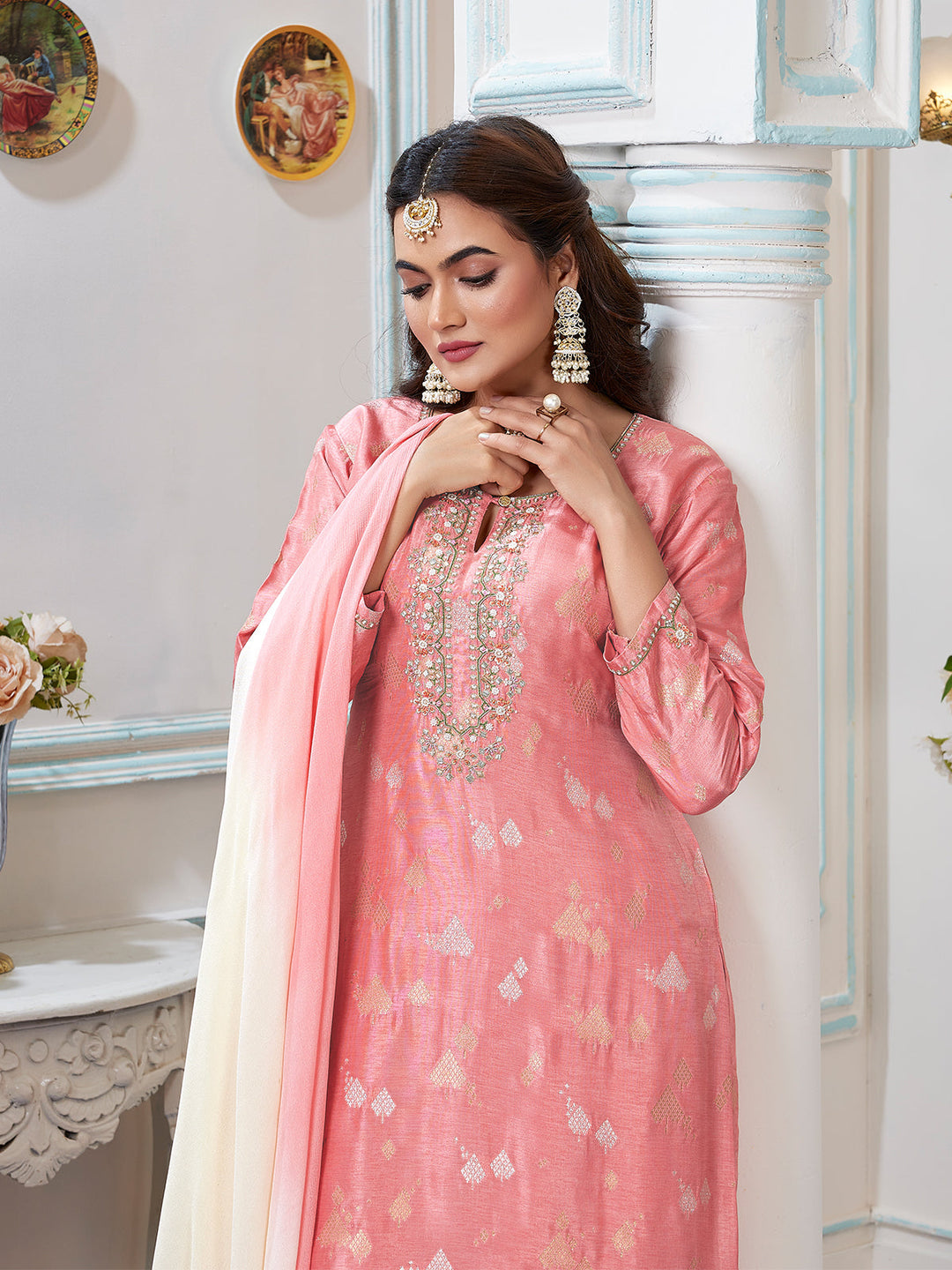 Light Pink Jacquard Palazzo Set