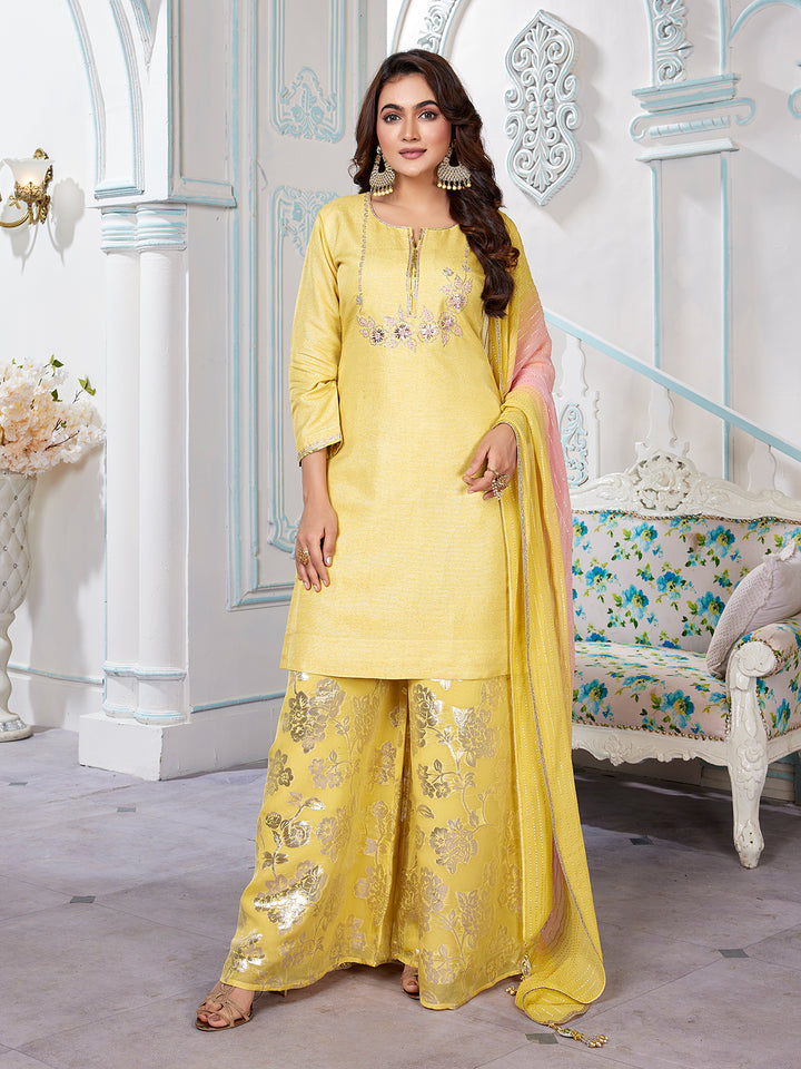 Yellow Jacquard Floral Sharara Set