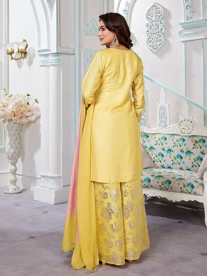 Yellow Jacquard Floral Sharara Set