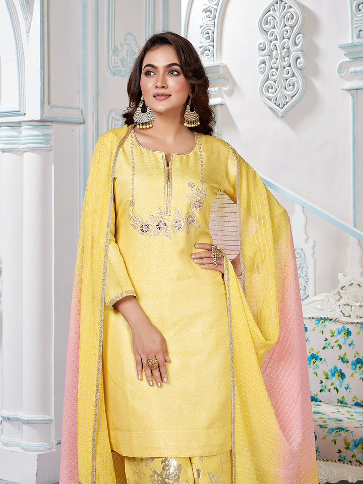 Yellow Jacquard Floral Sharara Set