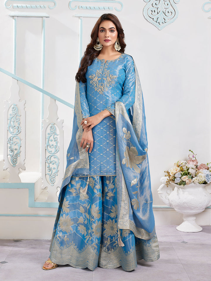 Blue Floral Jacquard Sharara Set