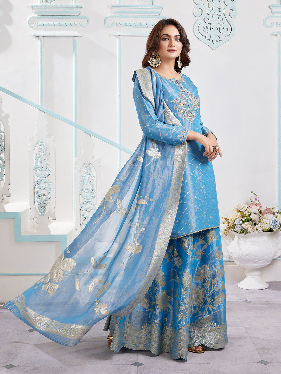 Blue Floral Jacquard Sharara Set