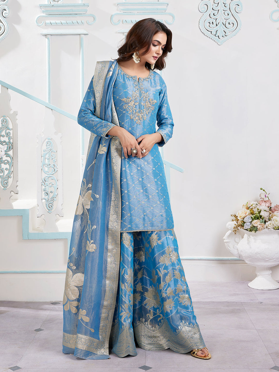 Blue Floral Jacquard Sharara Set
