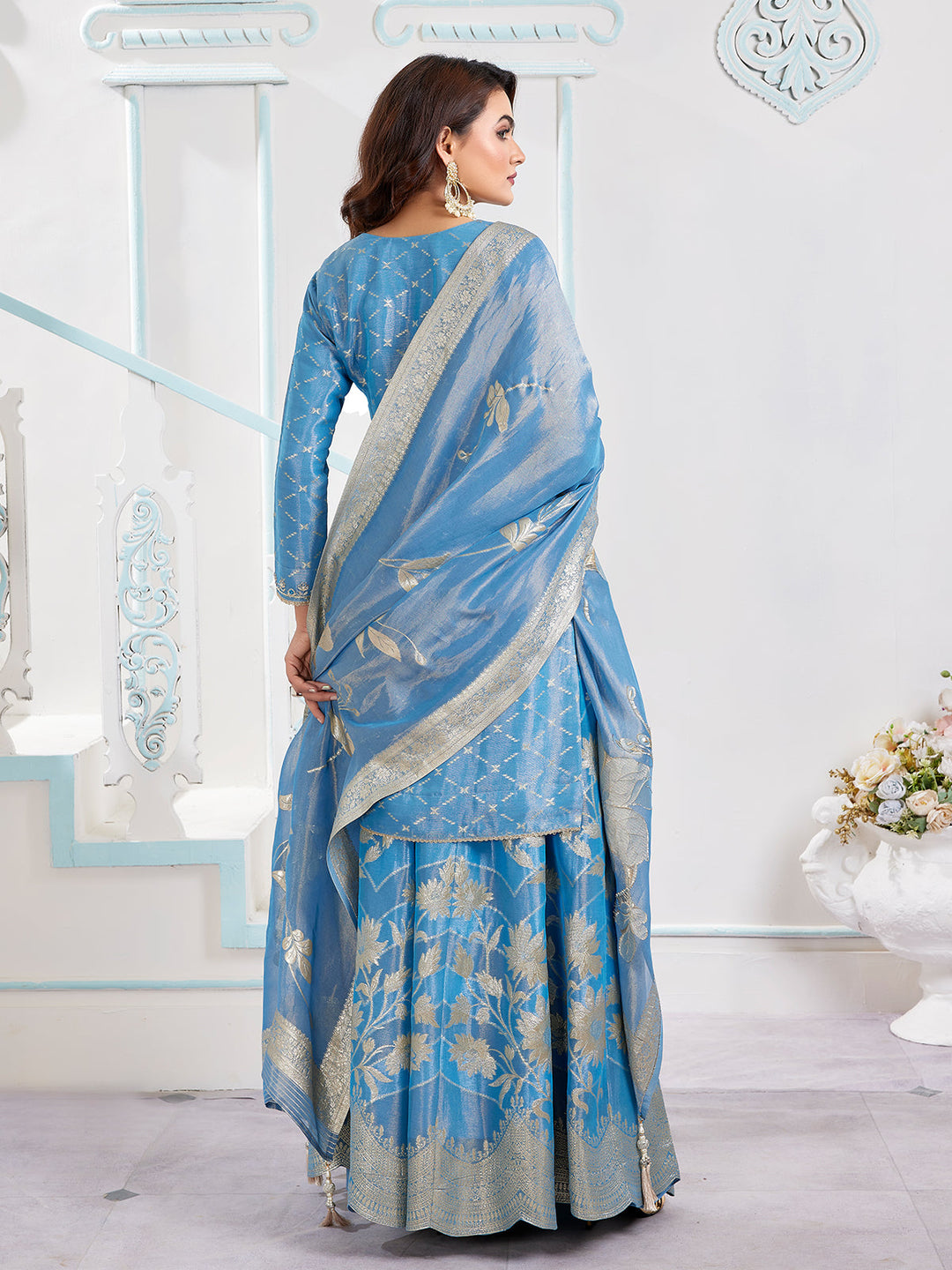 Blue Floral Jacquard Sharara Set