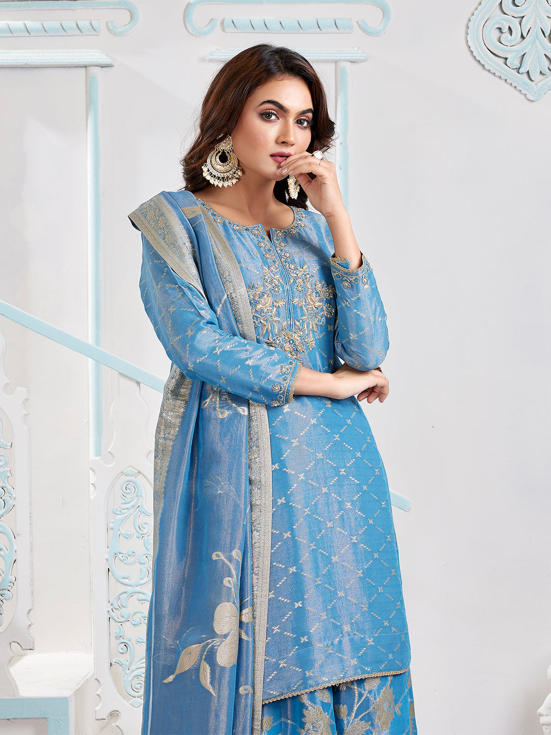 Blue Floral Jacquard Sharara Set