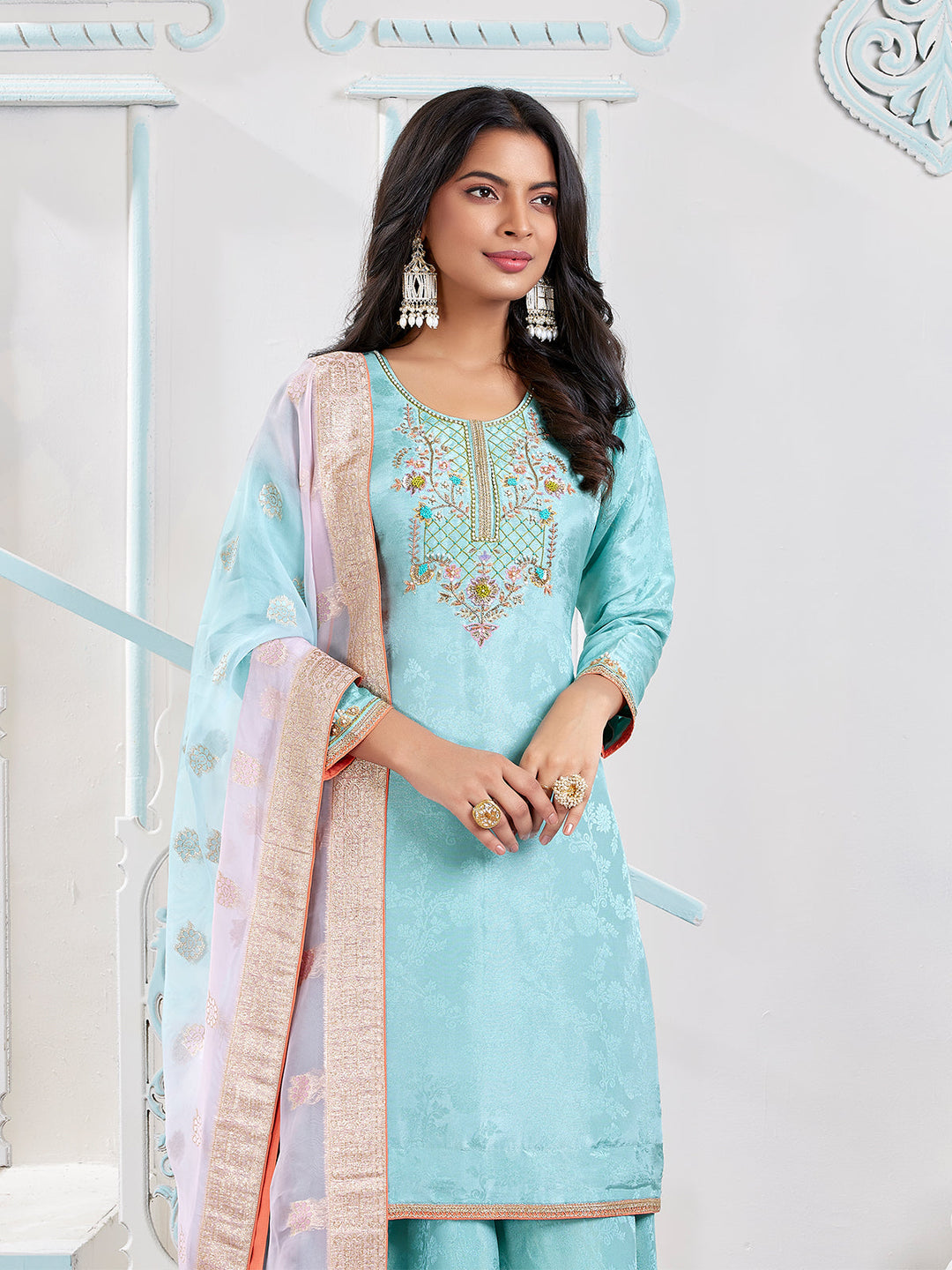 Powder Blue Jacquard Sharara Set